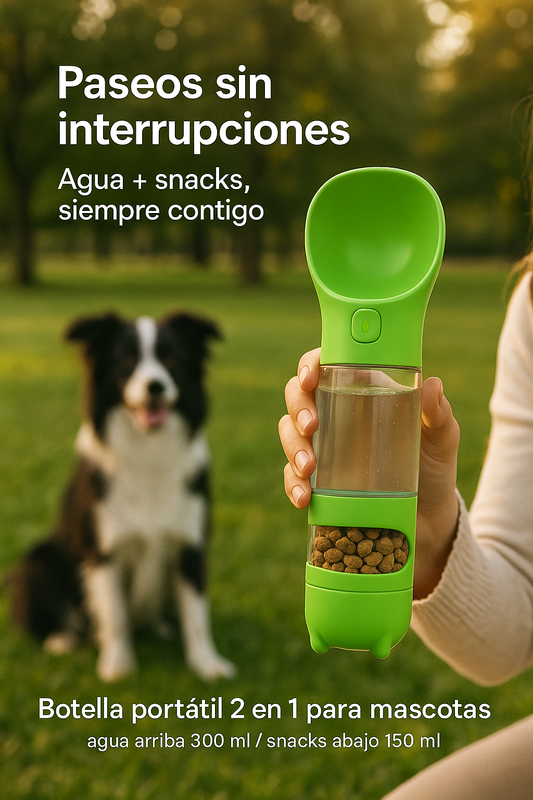 Botella Portátil 4-en-1 para Perros — Agua y Snack Antifugas