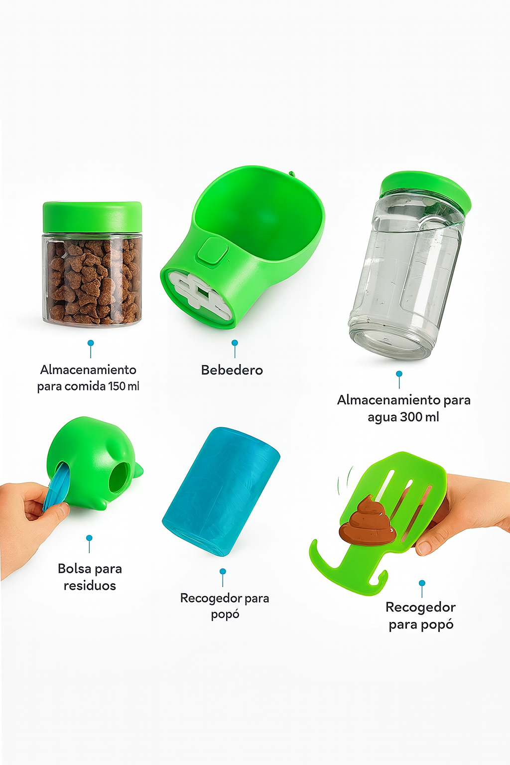 Botella Portátil 4-en-1 para Perros — Agua y Snack Antifugas