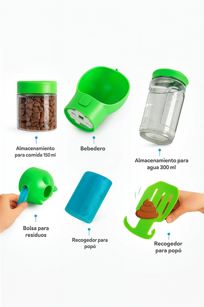 Botella Portátil 4-en-1 para Perros — Agua y Snack Antifugas