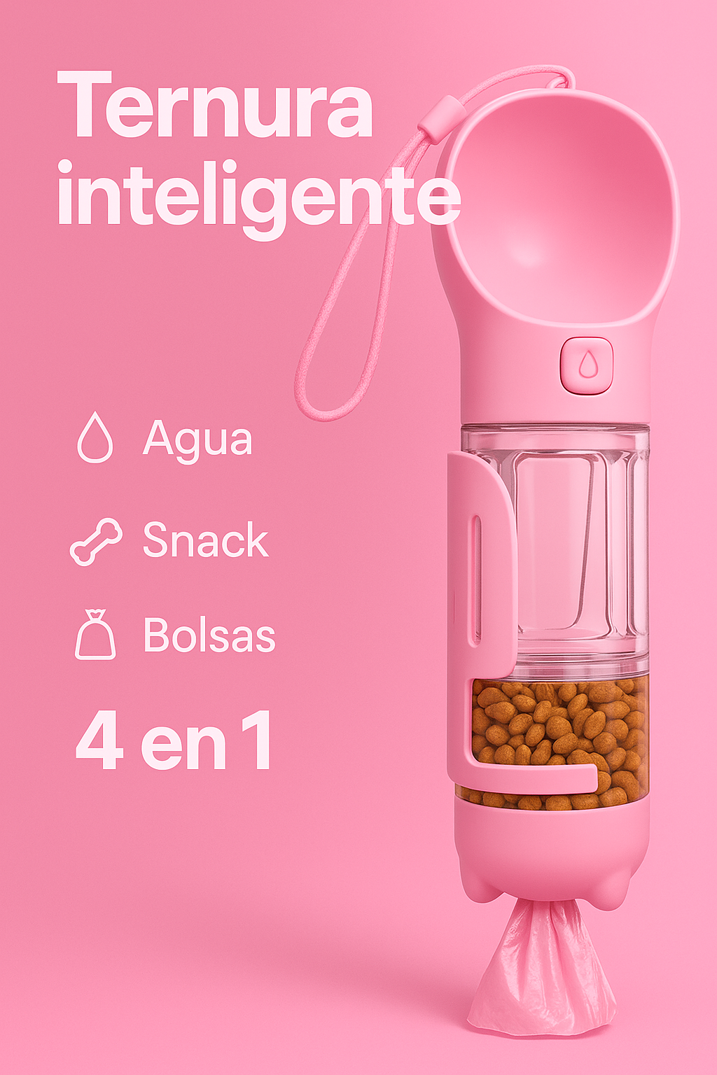 Botella Portátil 4-en-1 para Perros — Agua y Snack Antifugas