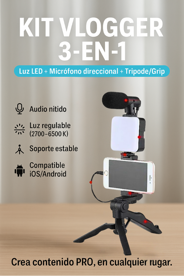 Kit Trípode + Micrófono + Luz LED para Celular (iPhone/Android)