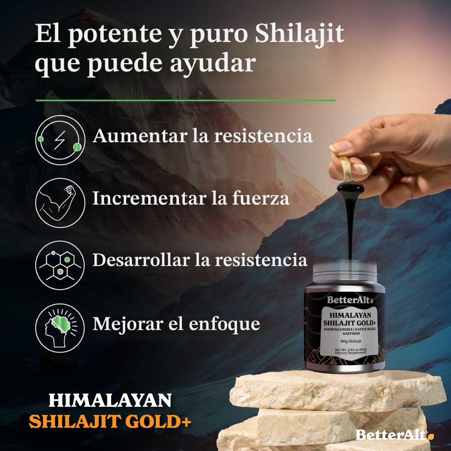 BetterAlt Himalayan Shilajit Gold+ 80 g — Energía y Enfoque Natural con Ashwagandha & Azafrán